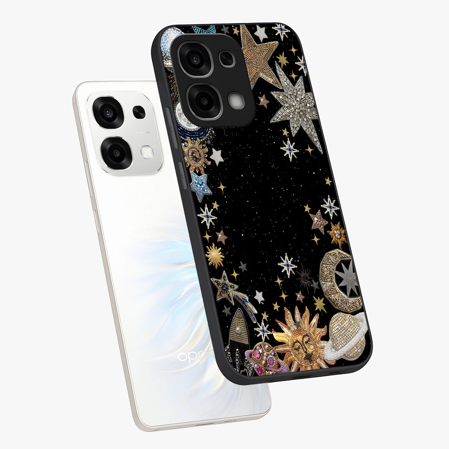 Galactic Jewel Stars Glass Case displayed in angled mockup highlighting shining celestial star design with cosmic aesthetic style.