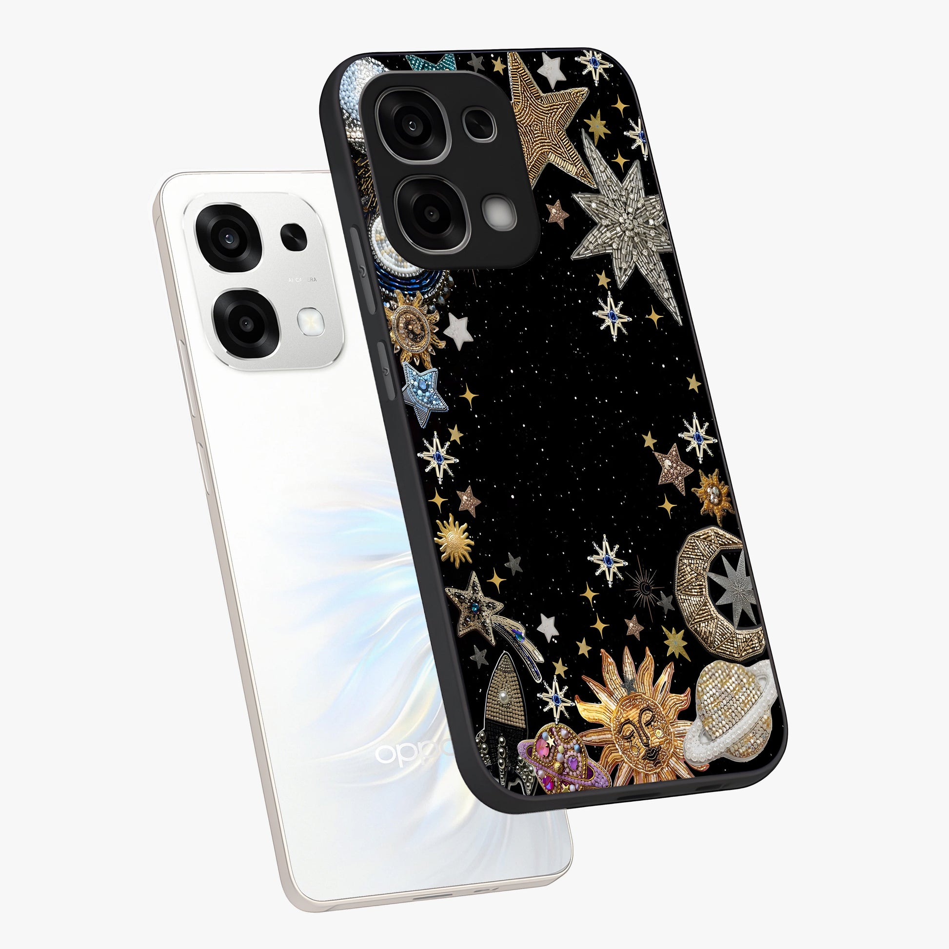 Galactic Jewel Stars Glass Case displayed in angled mockup highlighting shining celestial star design with cosmic aesthetic style.