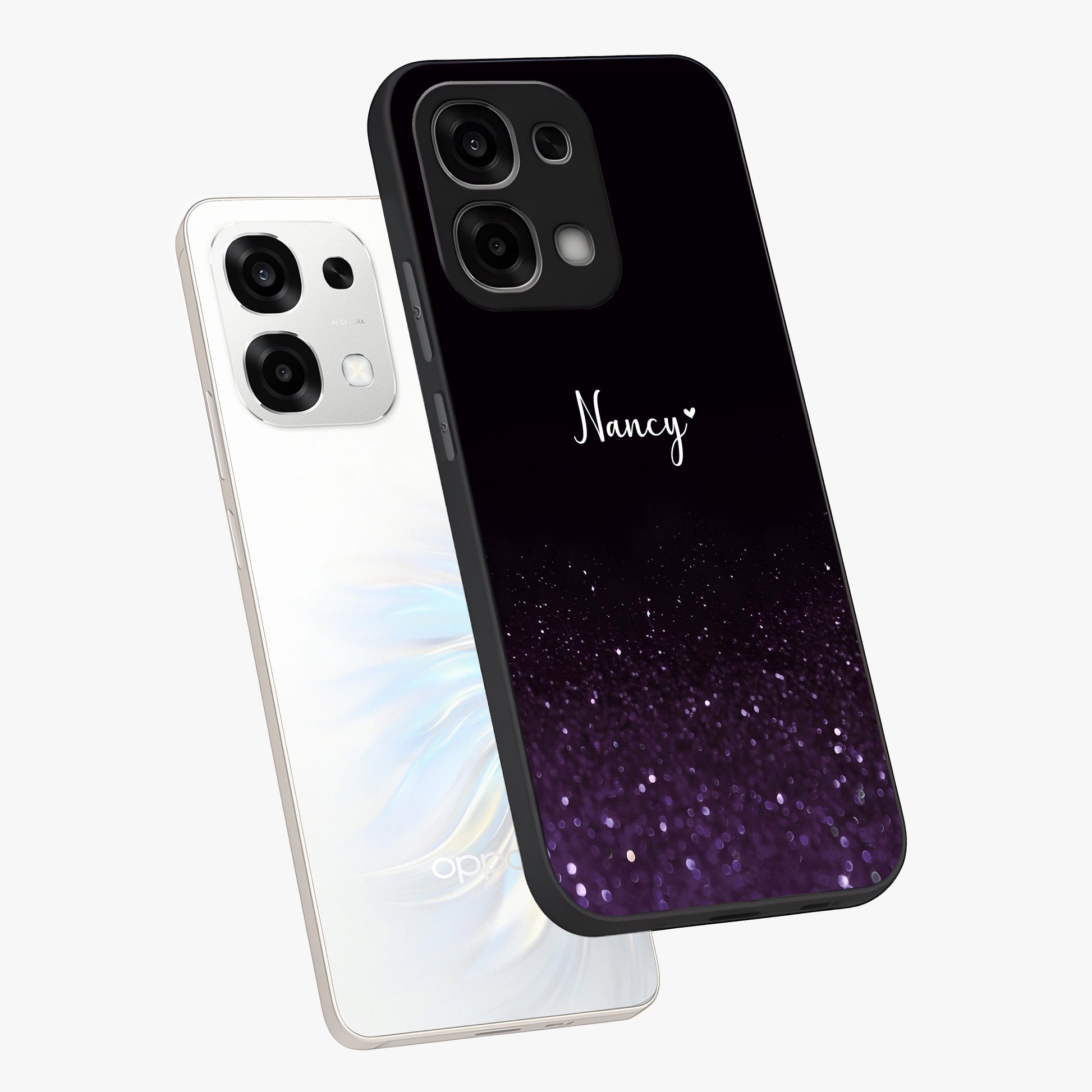 Glittery Purple Bokeh Custom Name Glass Case displayed in angled mockup highlighting glitter bokeh pattern with custom name feature.