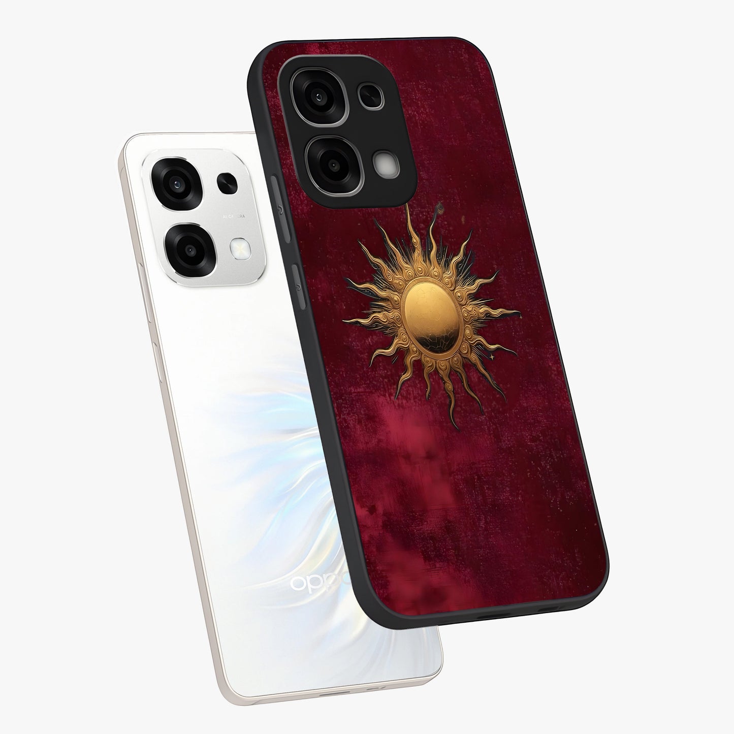 Golden Sun Minimalism Glass Case displayed in angled mockup highlighting clean sun symbol design with modern minimal aesthetic.