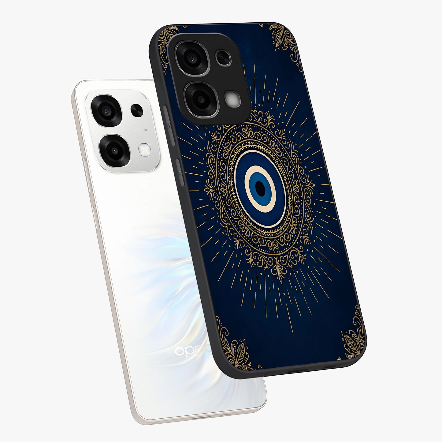 Golden Celestial Charm Glass Case displayed in angled mockup highlighting sparkling cosmic charm design with celestial aesthetic.