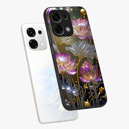 Golden Floral Majesty Glass Case displayed in angled mockup highlighting elegant flower design with royal golden aesthetic.