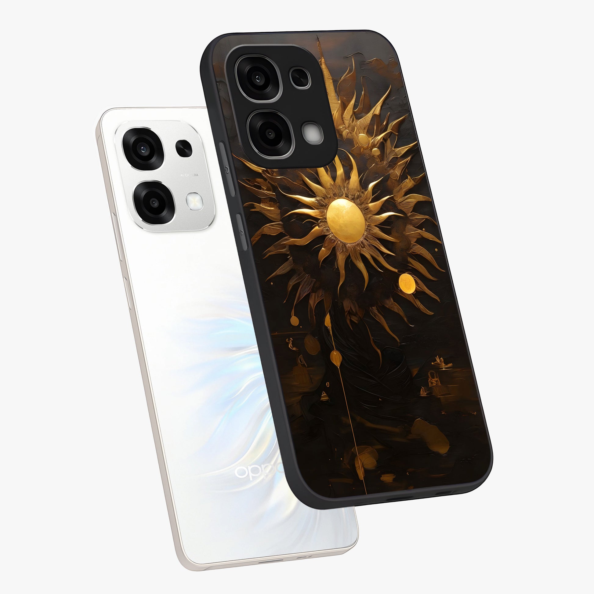 Golden Sun Majesty Glass Case displayed in angled mockup highlighting eerie shadow illustration with gothic aesthetic.