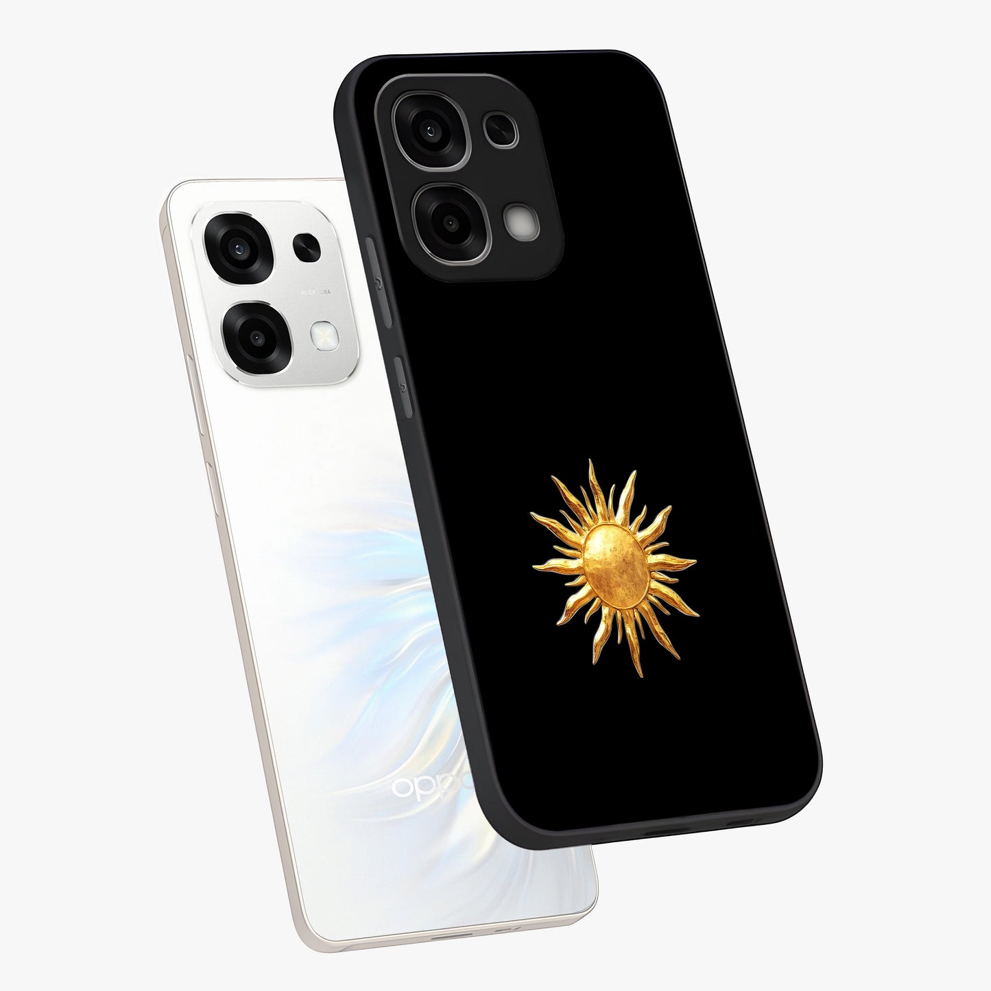 Golden Sun Minimalism Glass Case displayed in angled mockup highlighting eerie shadow illustration with gothic aesthetic.