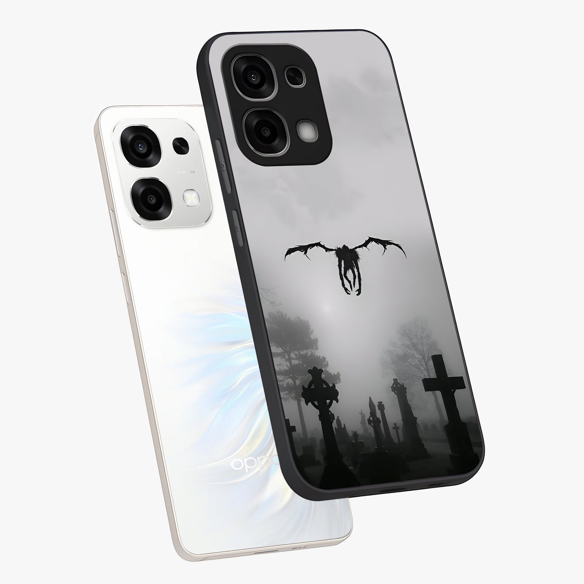 Graveyard Shadow Descent Glass Case displayed in angled mockup highlighting eerie shadow illustration with gothic aesthetic.