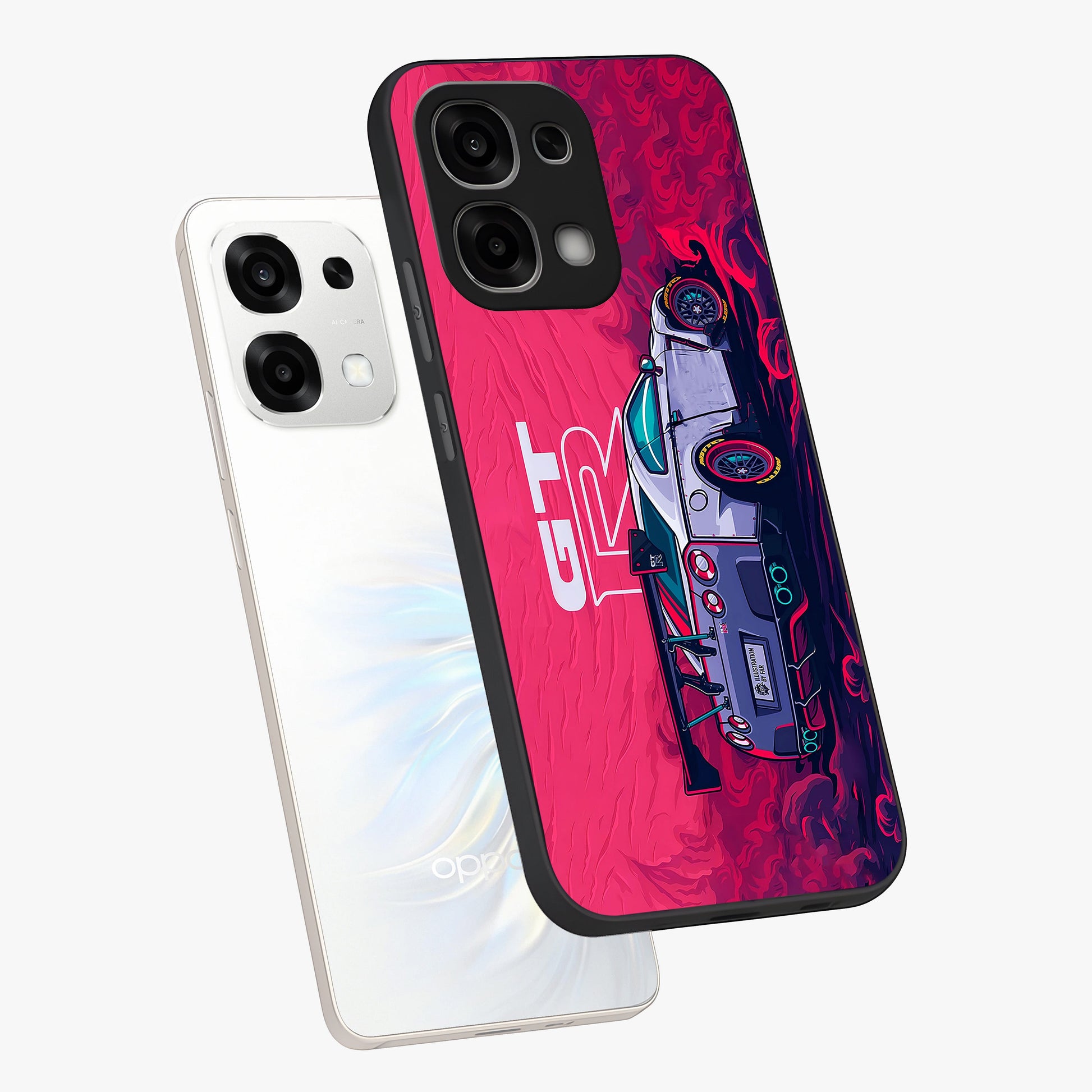 GT-R Car Pattern Glass Case displayed in angled mockup highlighting racing car graphic design with bold automotive aesthetic.