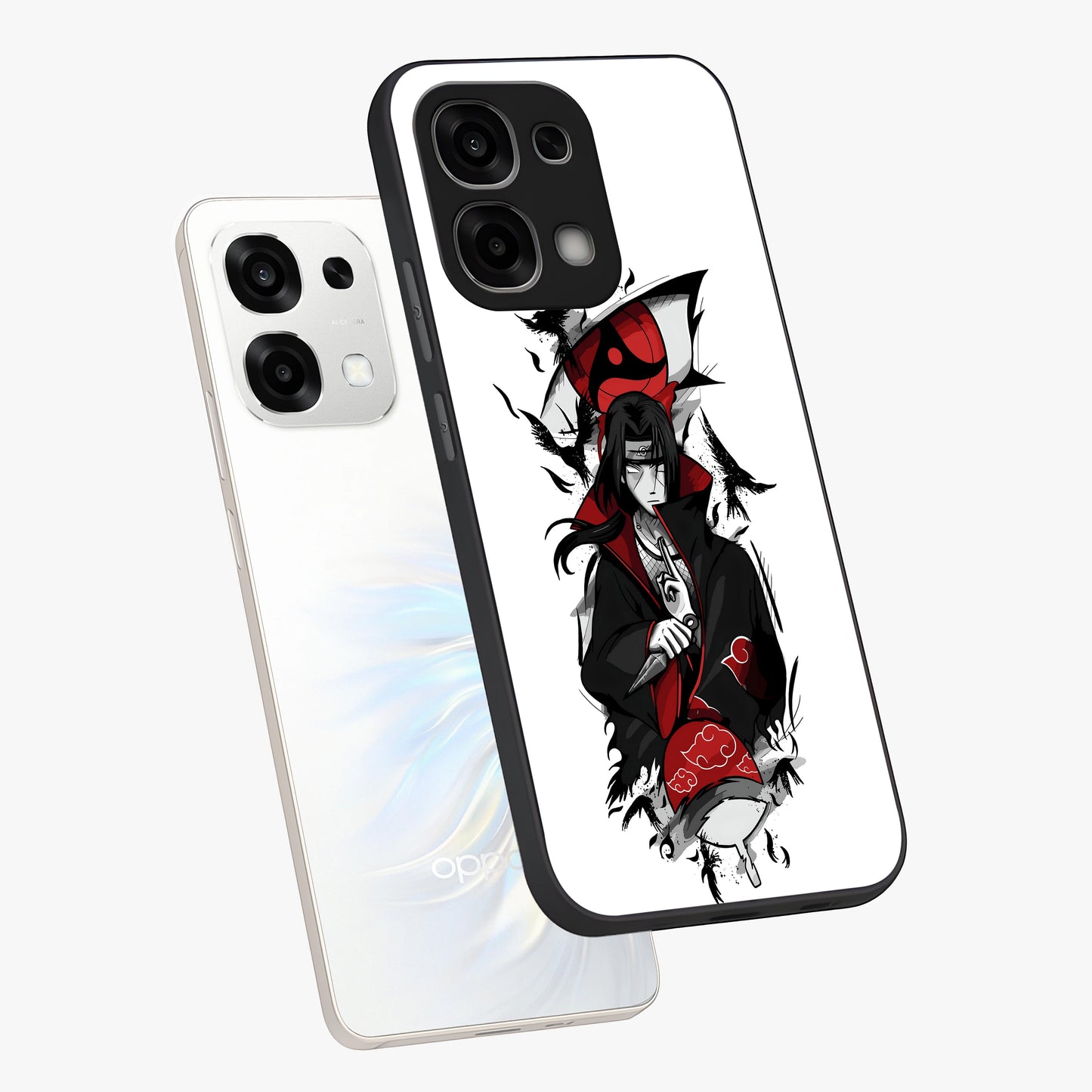 Itachi Limited Edition Naruto Anime Glass Case displayed in angled mockup highlighting dramatic anime illustration with bold action aesthetic.