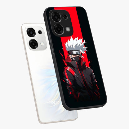 Kakashi Scarlet Shadow Glass Case displayed in angled mockup highlighting dramatic ninja illustration with scarlet themed aesthetic.