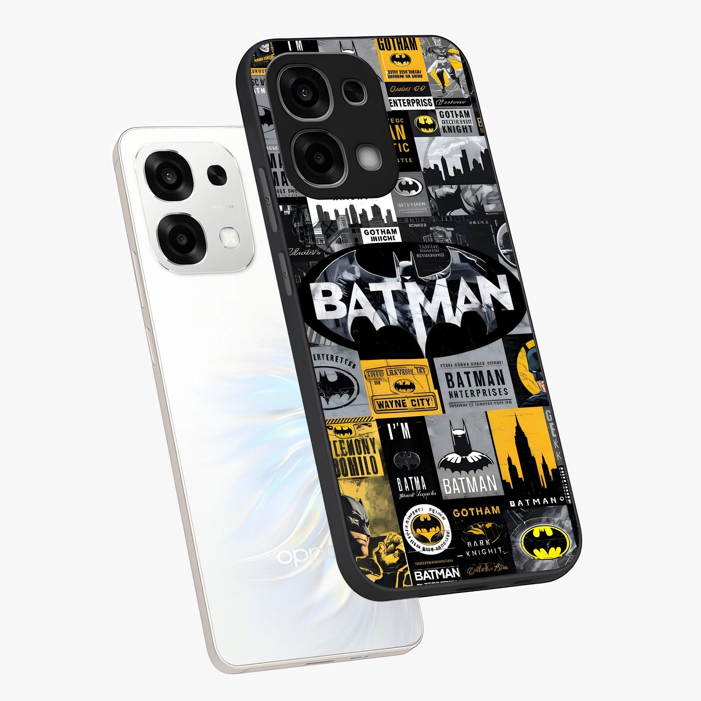 Knight Gotham Rise Glass Case displayed in angled mockup highlighting powerful knight silhouette design with dramatic aesthetic.