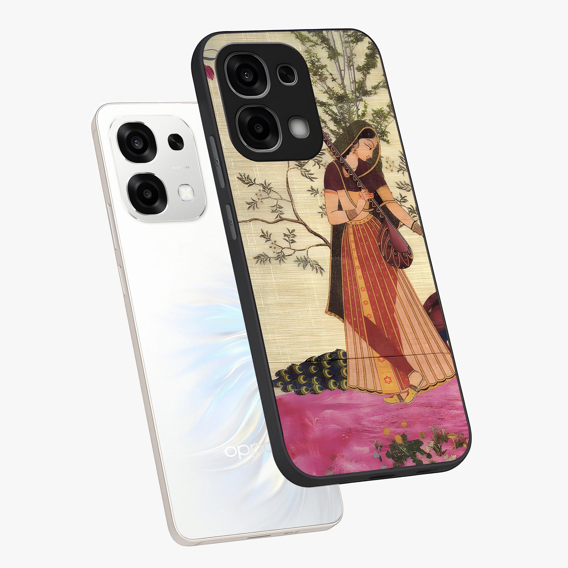 Lady With Veena Art Glass Case displayed in angled mockup highlighting graceful musical illustration with cultural artistic aesthetic.