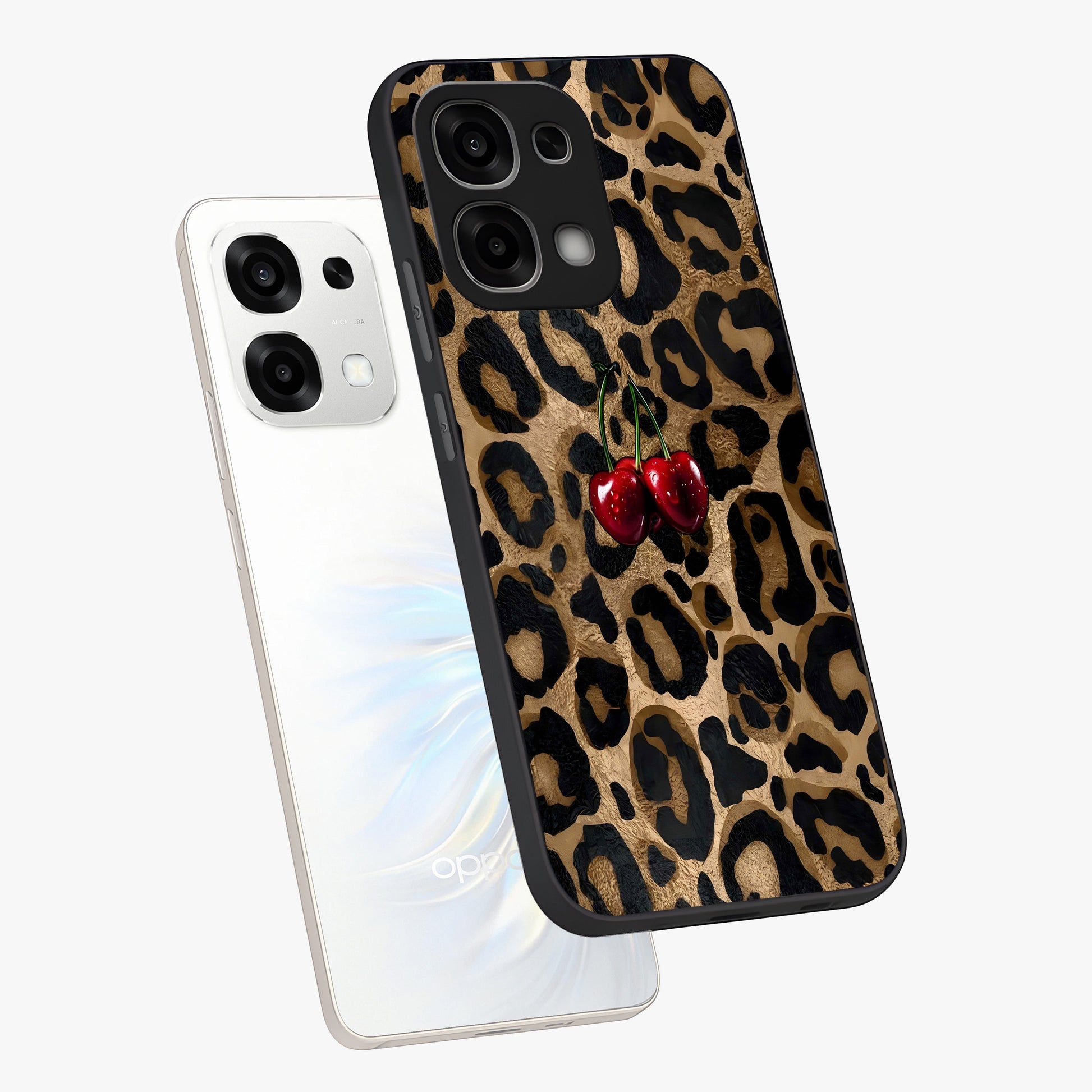 Leopard Wild Cherry Glass Case displayed in angled mockup highlighting bold animal print design with playful cherry aesthetic.