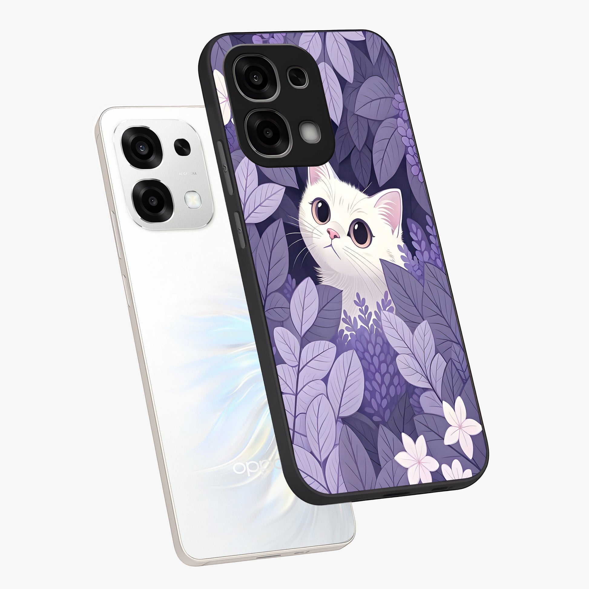 Lilac Hide Peek Cat Glass Case displayed in angled mockup highlighting playful feline illustration with lilac aesthetic design.