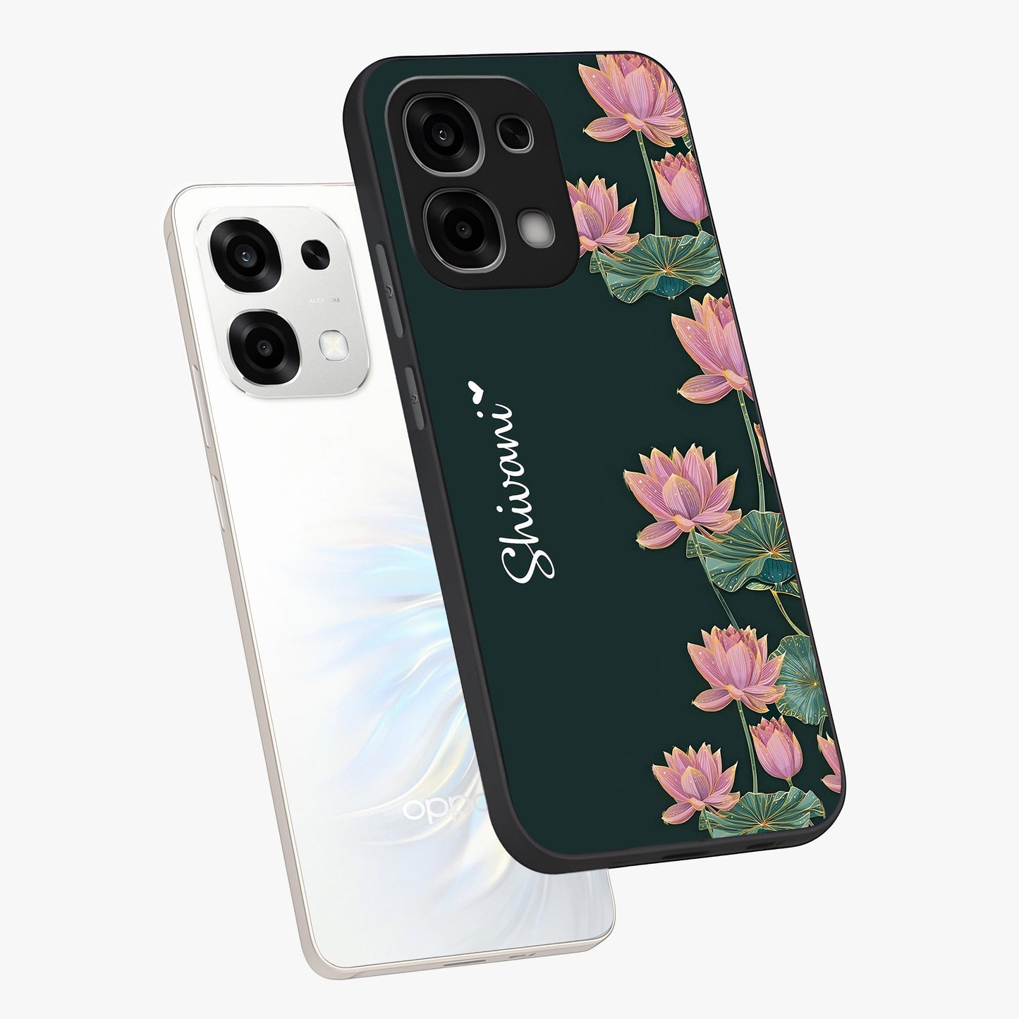 Lotus Bloom Serenity Custom Name Glass Case displayed in angled mockup highlighting graceful lotus illustration with custom name feature.