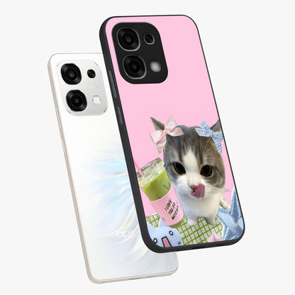 Love Matcha Cat Glass Case displayed in angled mockup highlighting playful feline illustration with cozy matcha aesthetic.