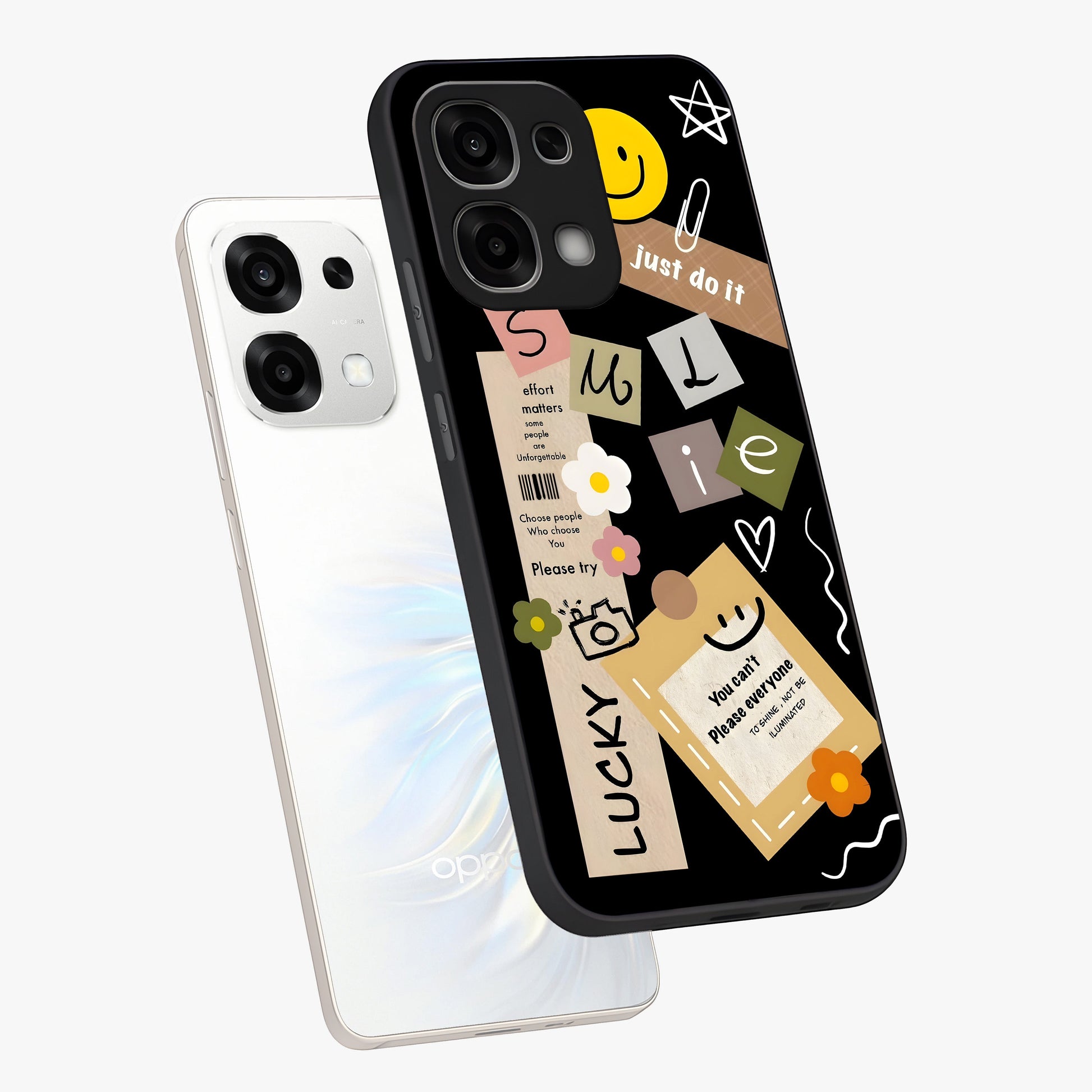 Lucky Aesthetic Collage Glass Case displayed in angled mockup highlighting stylish collage pattern with modern aesthetic vibe.