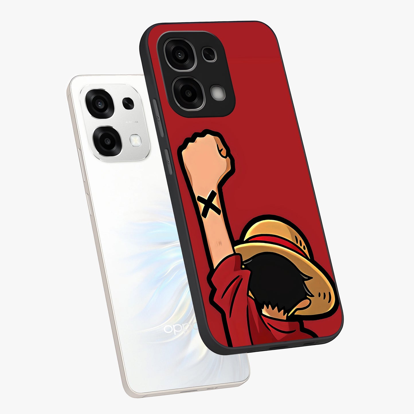 Luffy X Spirit Glass Case displayed in angled mockup highlighting powerful anime design with energetic action aesthetic.