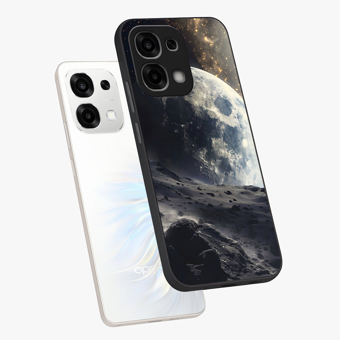 Lunar Horizon Glow Glass Case displayed in angled mockup highlighting celestial moon design with dreamy night aesthetic.