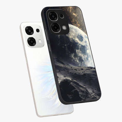 Lunar Horizon Glow Glass Case displayed in angled mockup highlighting celestial moon design with dreamy night aesthetic.