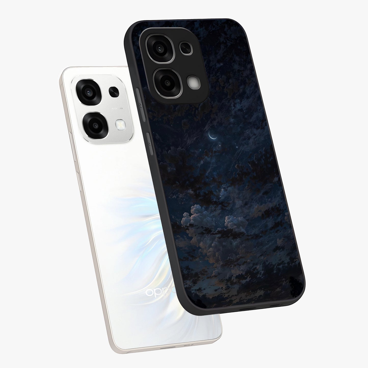 Lunar Veil Silence Glass Case displayed in angled mockup highlighting soft lunar design with peaceful celestial aesthetic.