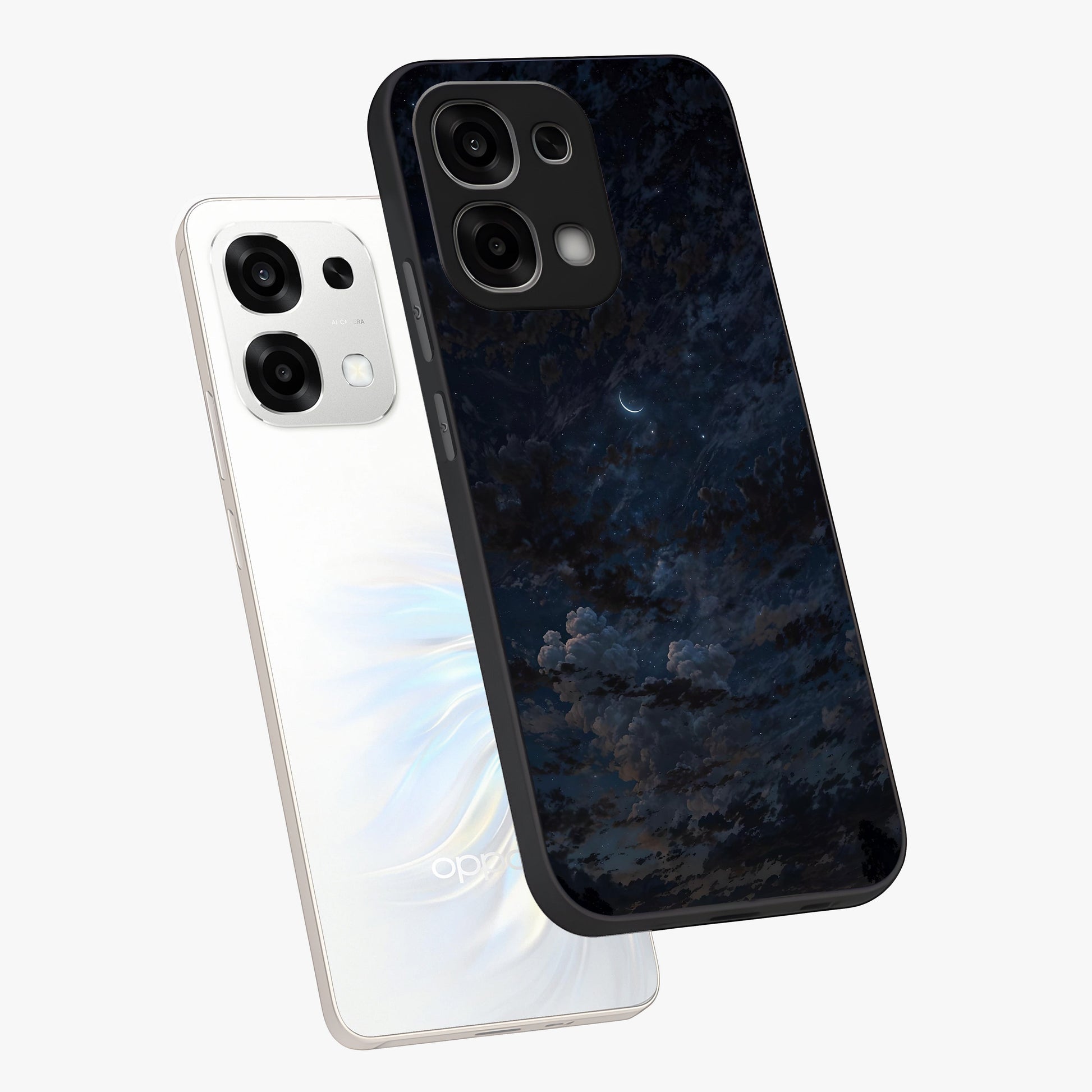 Lunar Veil Silence Glass Case displayed in angled mockup highlighting soft lunar design with peaceful celestial aesthetic.