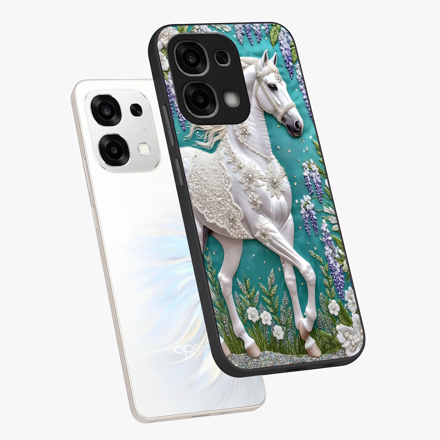 Majestic Floral Stallion Glass Case displayed in angled mockup highlighting majestic stallion illustration with elegant floral aesthetic.