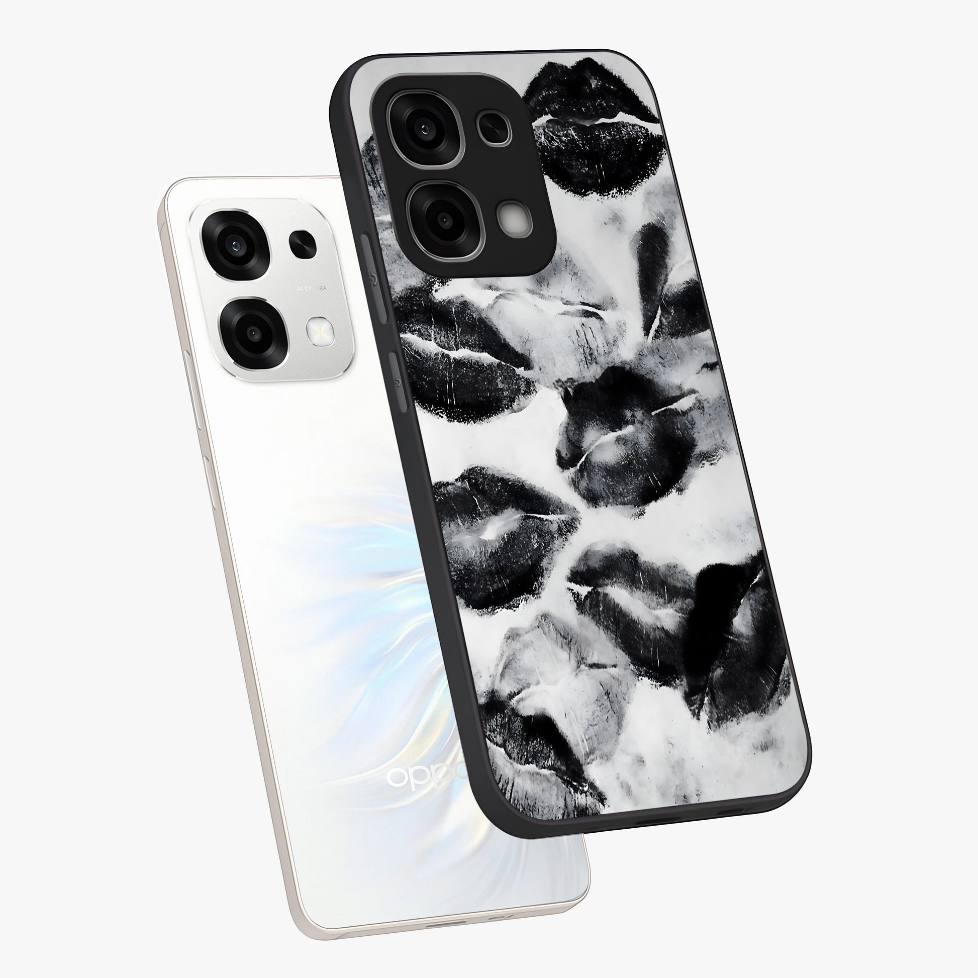 Midnight Kiss Marks Glass Case displayed in angled mockup highlighting playful romantic design with bold midnight aesthetic.