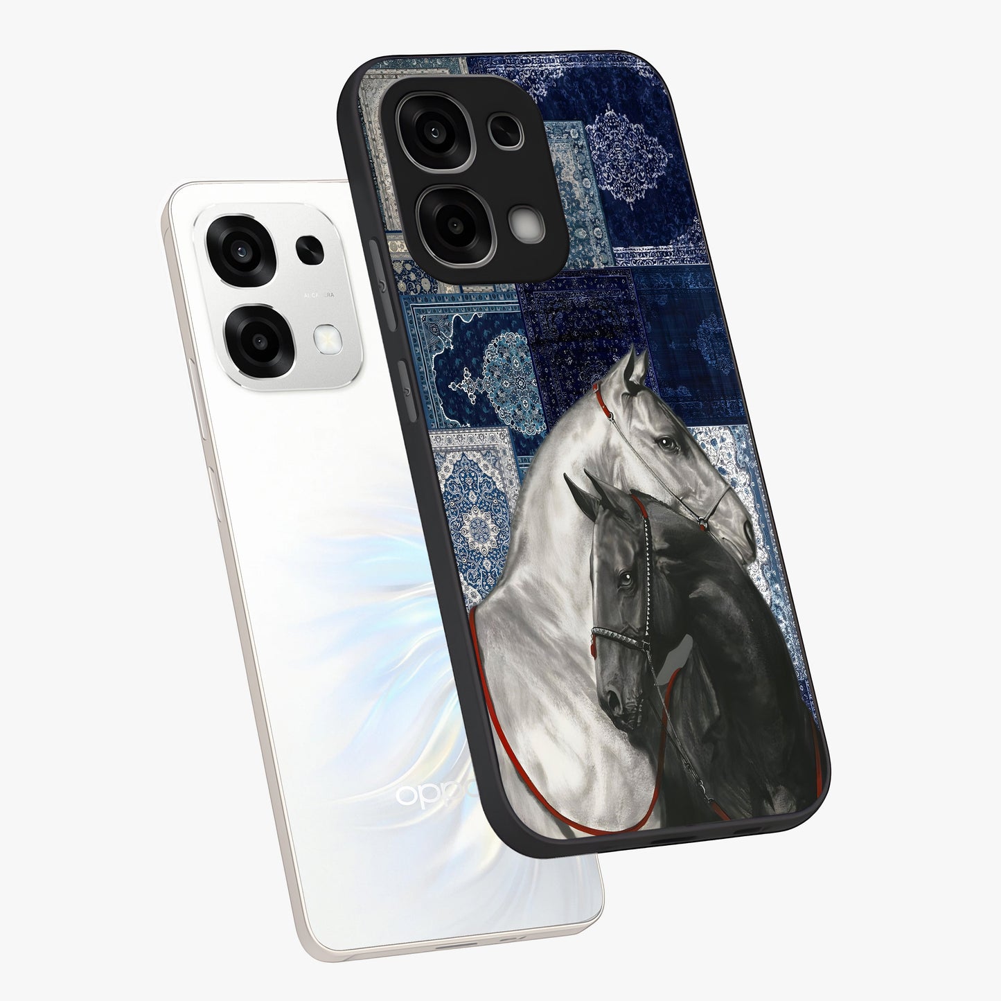 Midnight Stallion Blues Glass Case displayed in angled mockup highlighting powerful stallion illustration with deep midnight tones.