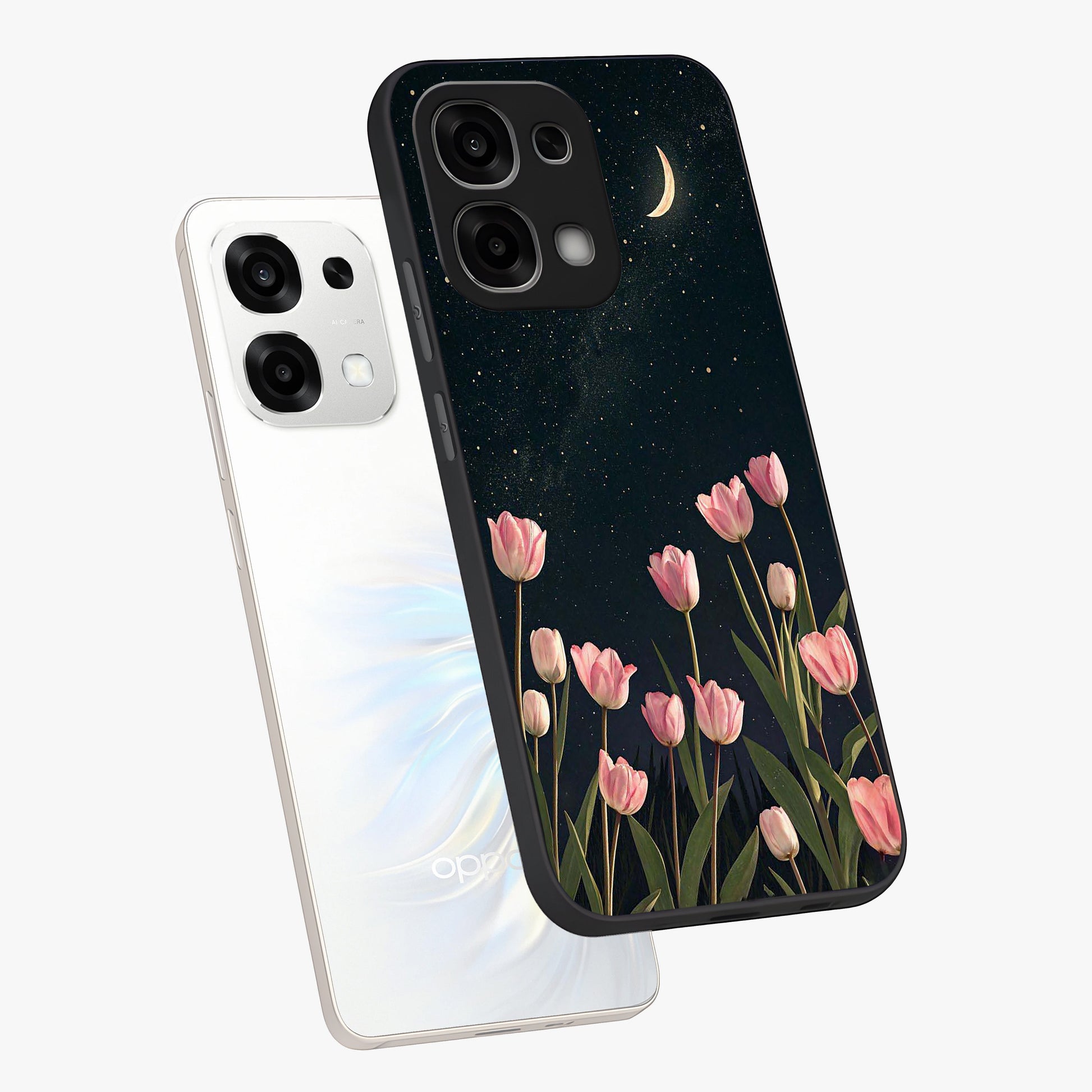 Midnight Tulip Whispers Vibe Glass Case displayed in angled mockup highlighting delicate tulip design with midnight floral aesthetic.