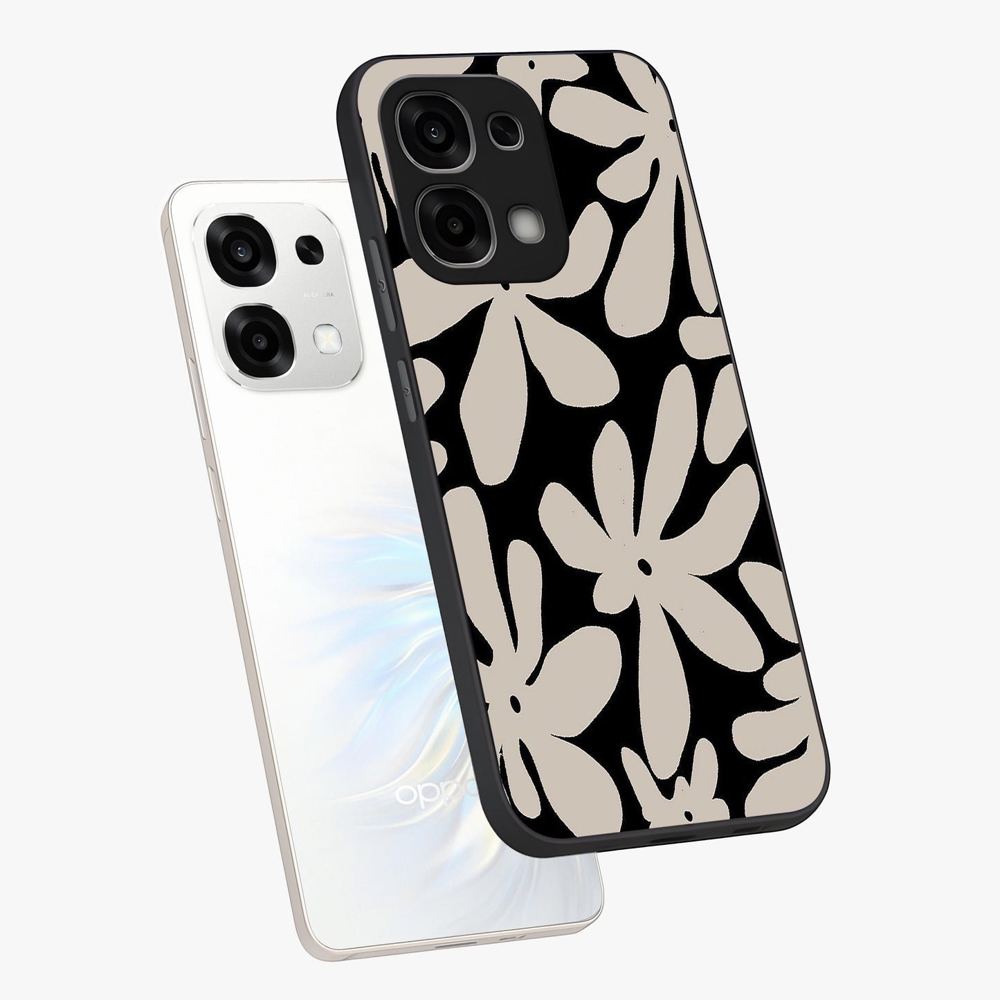 Monochrome Petal Dance Glass Case displayed in angled mockup highlighting elegant petal design with black and white aesthetic.