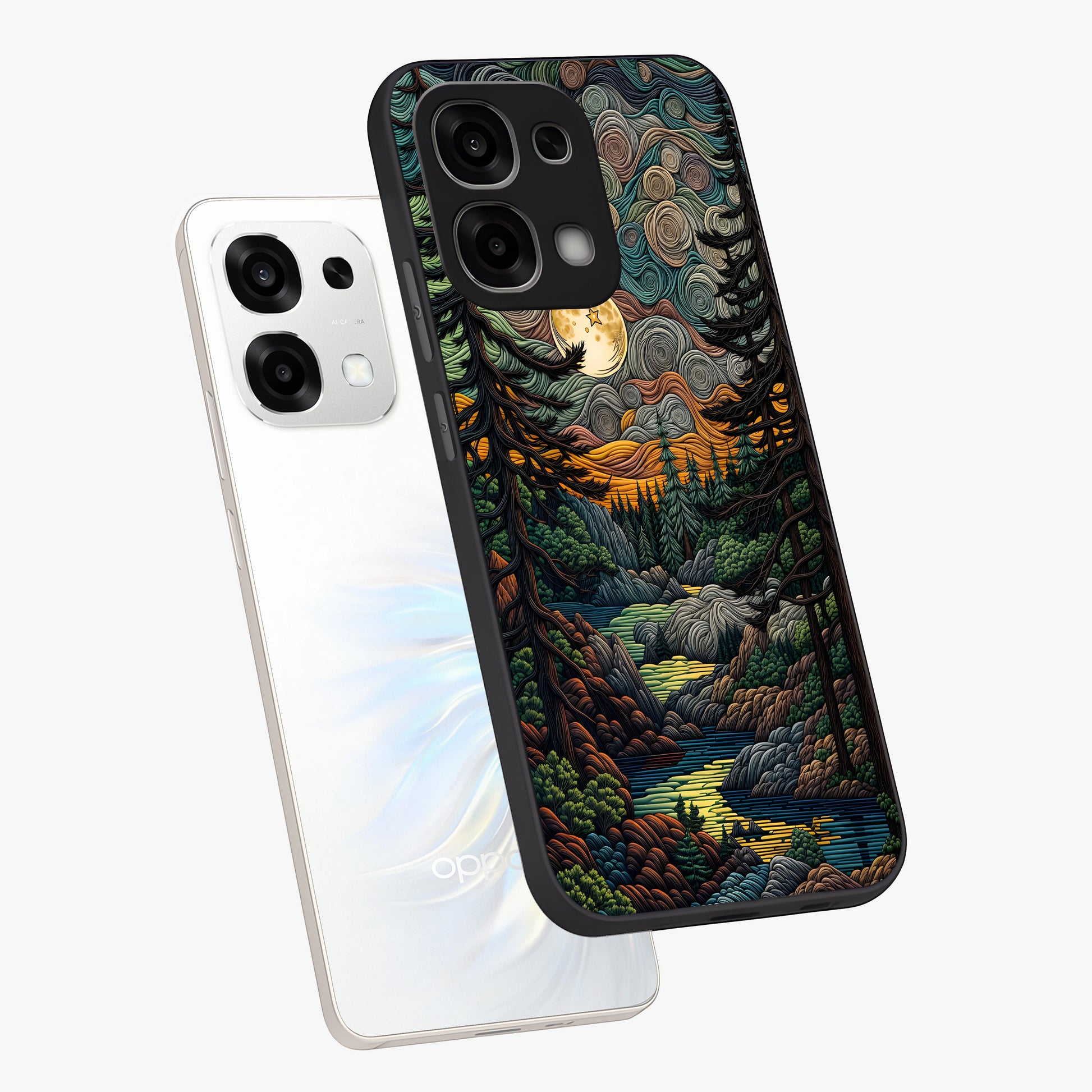 Moonlight Forest Dream Glass Case displayed in angled mockup highlighting dreamy forest design with glowing moon aesthetic.