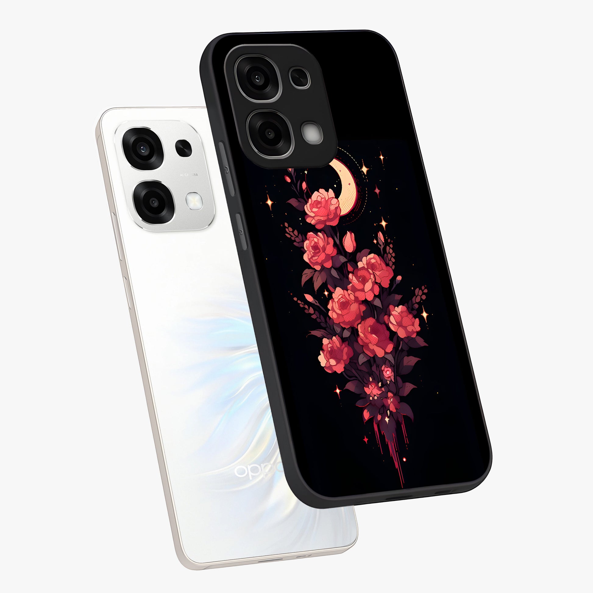 Moonlit Floral Elegance Glass Case displayed in angled mockup highlighting graceful flower design with soft moonlight aesthetic.