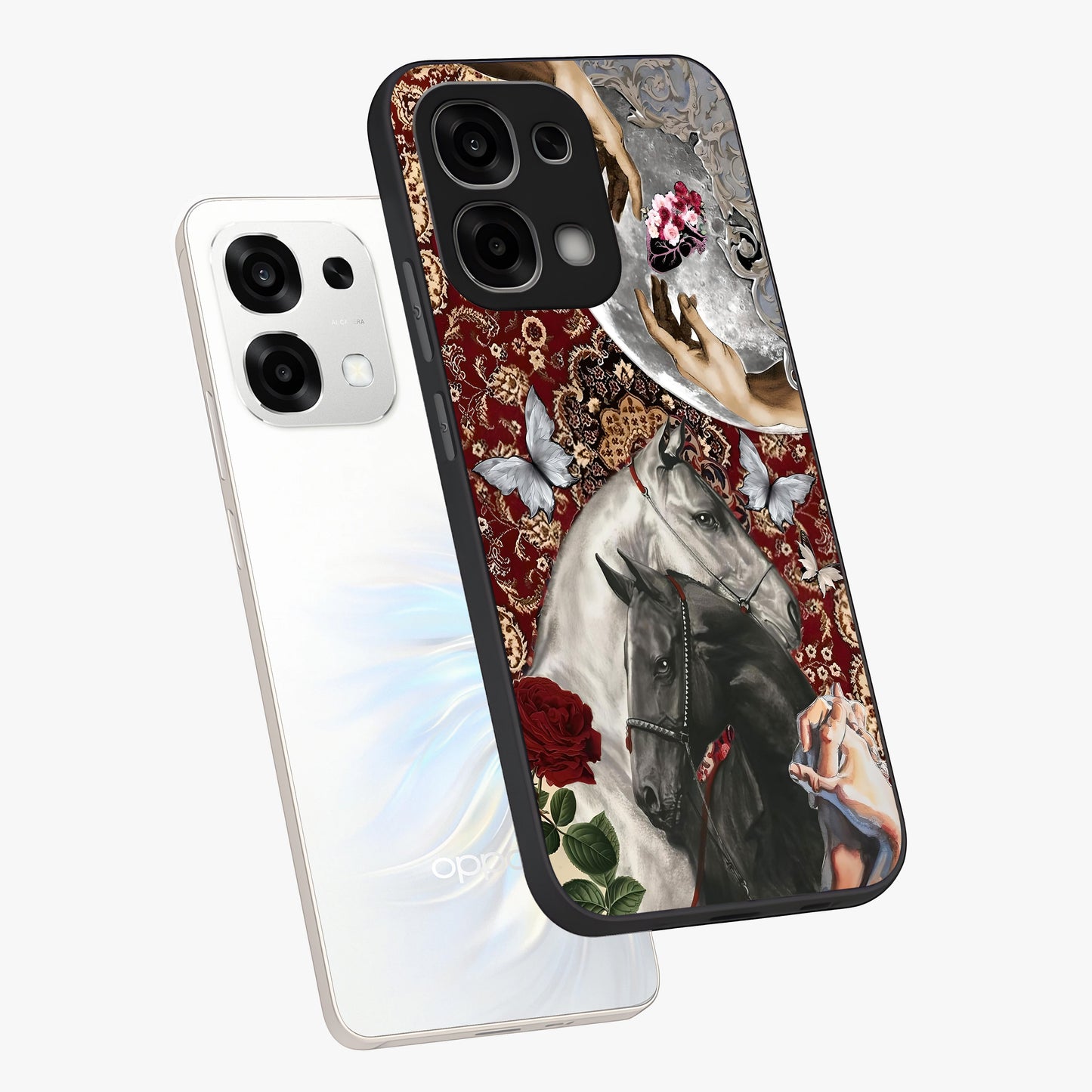 Moonlit Royal Stallion Glass Case displayed in angled mockup highlighting powerful stallion illustration with royal night aesthetic.