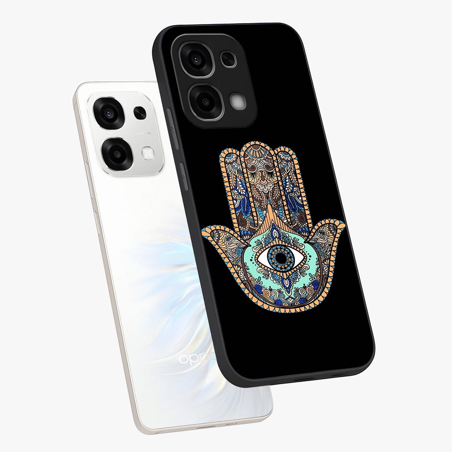 Mystic Hamsa Eye Glass Case displayed in angled mockup highlighting spiritual hamsa symbol with mystical aesthetic style.