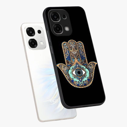 Mystic Hamsa Eye Glass Case displayed in angled mockup highlighting spiritual hamsa symbol with mystical aesthetic style.