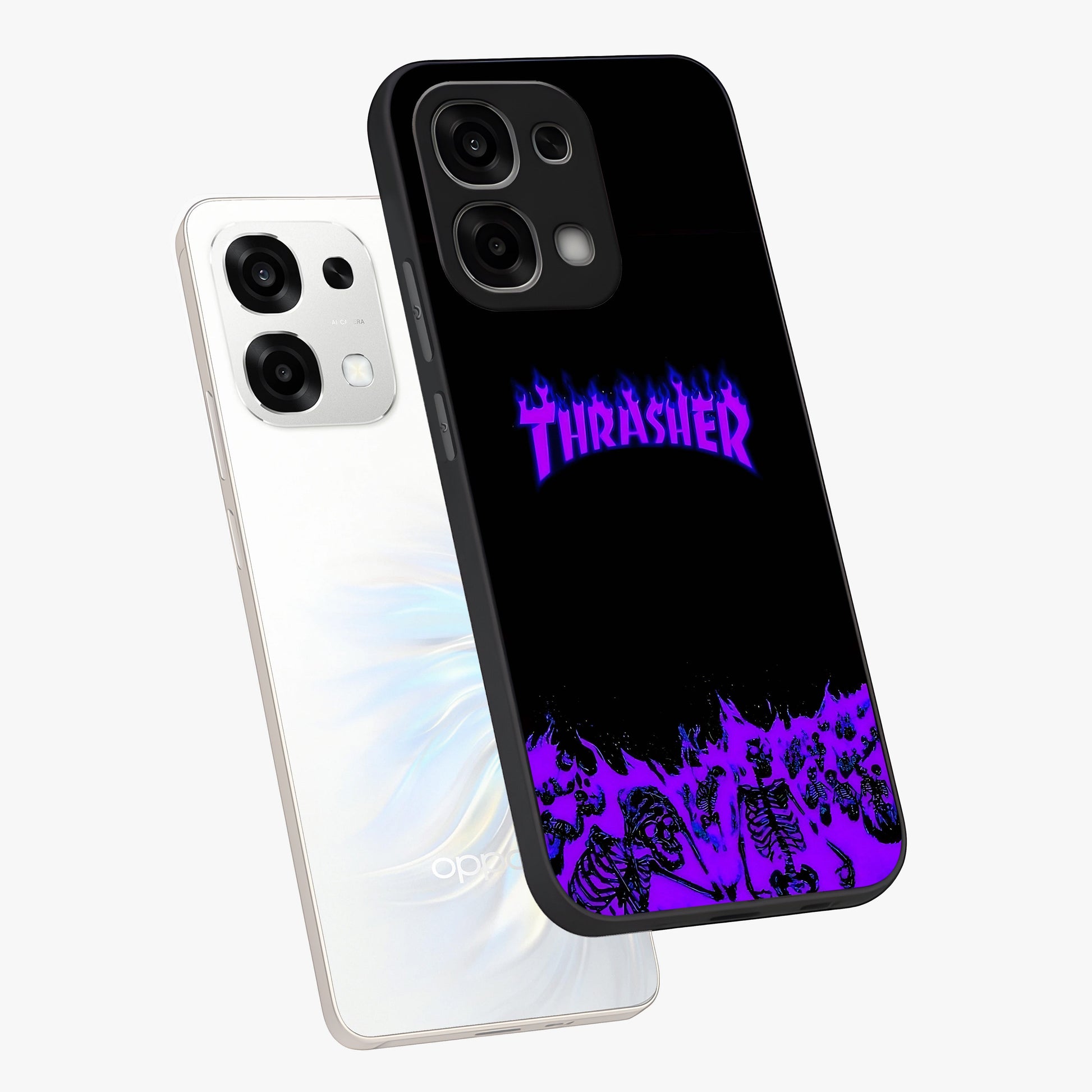 Neon Flame Riot Glass Case displayed in angled mockup highlighting glowing flame design with vibrant neon aesthetic.