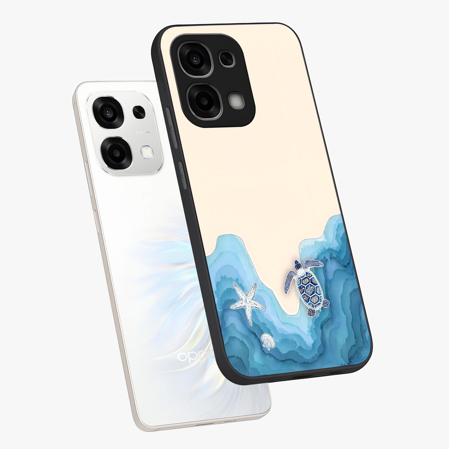 Ocean Drift Turtle Glass Case displayed in angled mockup highlighting peaceful ocean turtle illustration with marine aesthetic.