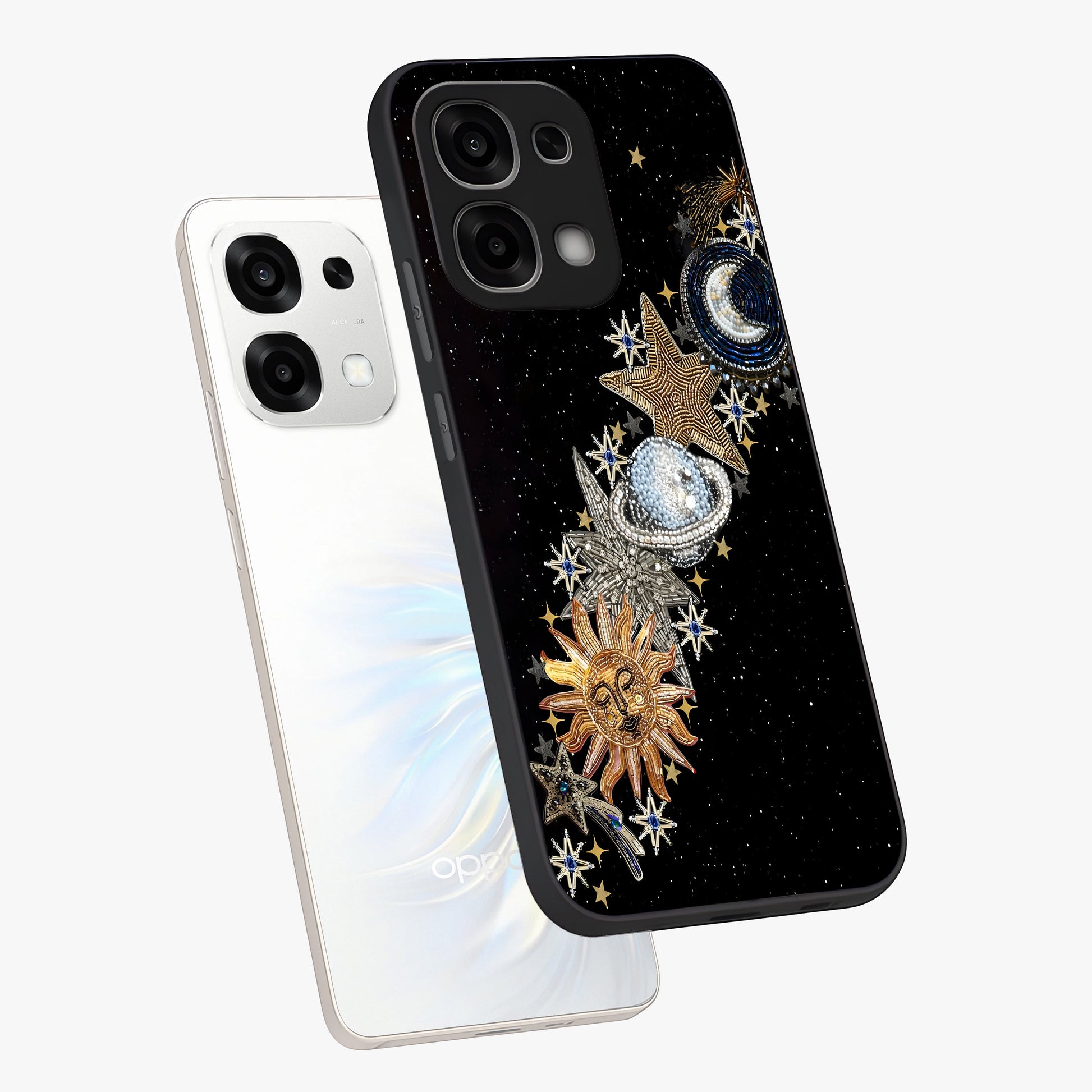 Pearls Universe Object Glass Case displayed in angled mockup highlighting celestial pearl design with dreamy aesthetic.