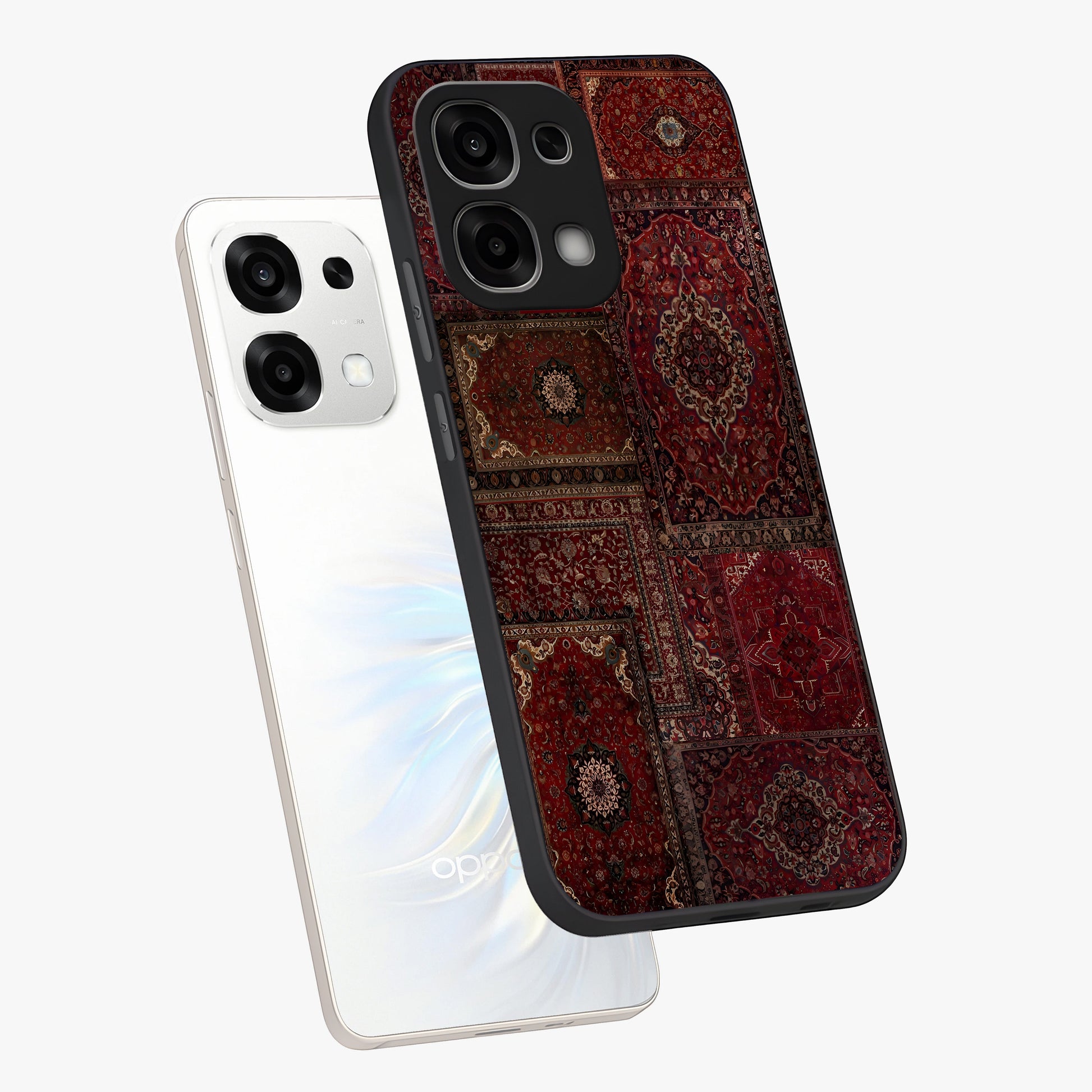 Persian Velvet Tale Glass Case displayed in angled mockup highlighting ornate textile inspired design with royal aesthetic.
