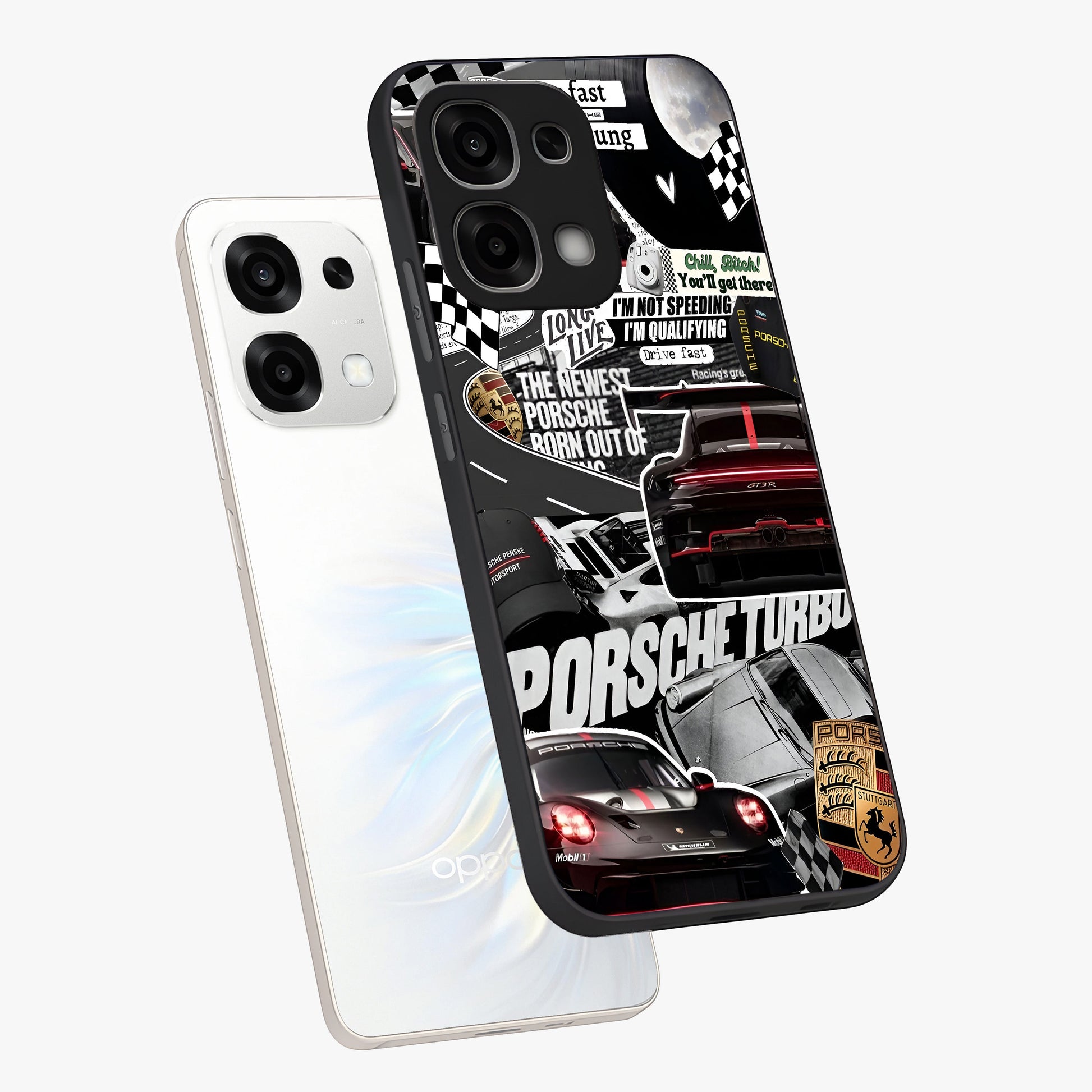 Porsche Racing Collage Glass Case displayed in angled mockup highlighting dynamic automotive design with bold racing aesthetic.