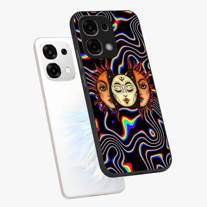 Psychedelic Sun Glass Case displayed in angled mockup highlighting vibrant abstract sun design with artistic aesthetic style.