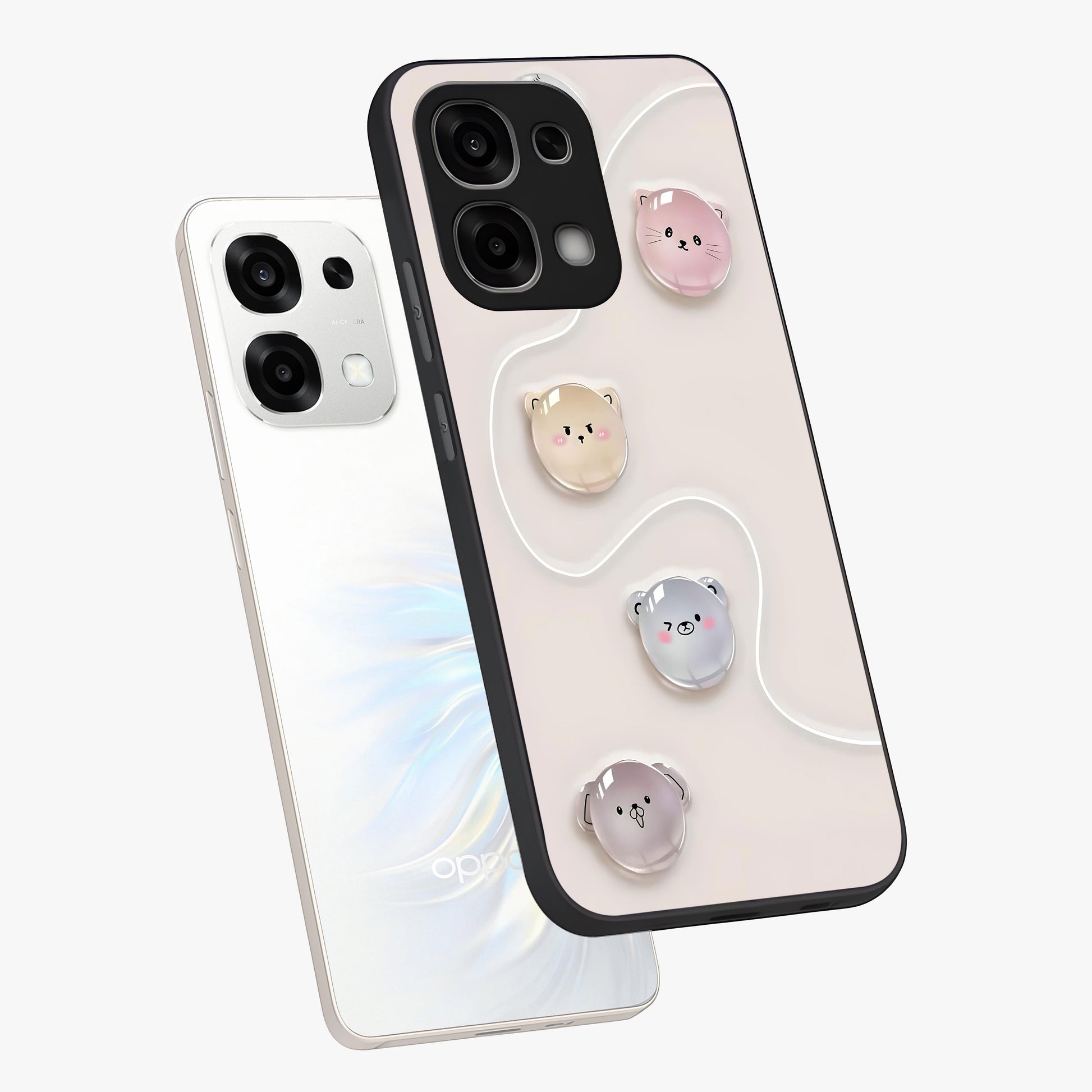 Puffy Face Parade Glass Case displayed in angled mockup highlighting playful cartoon face design with fun aesthetic.