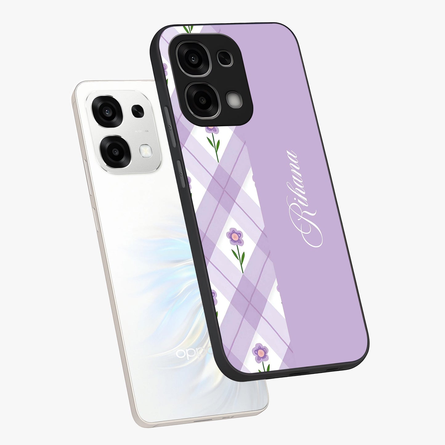 Purple Diamond Floral Glass Case displayed in angled mockup highlighting elegant purple flower design with decorative pattern.