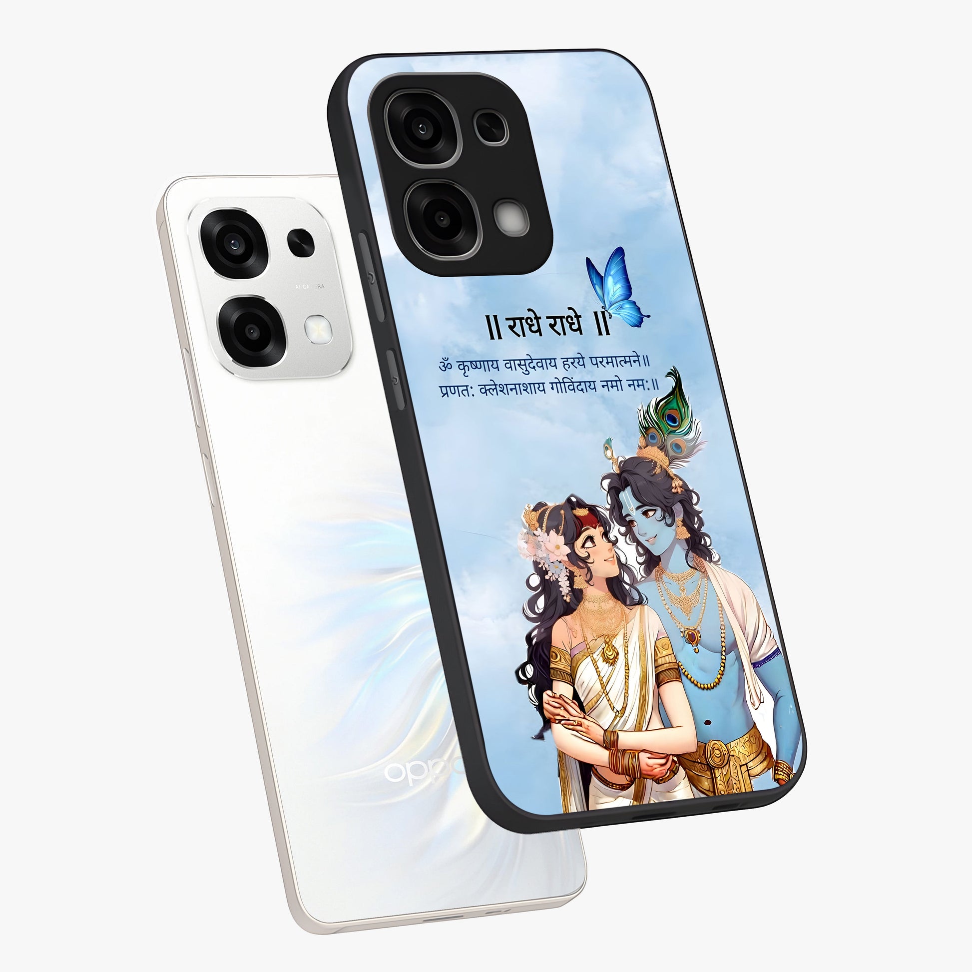 Radha Krishna Eternal Glass Case displayed in angled mockup highlighting divine Radha Krishna illustration with spiritual aesthetic.