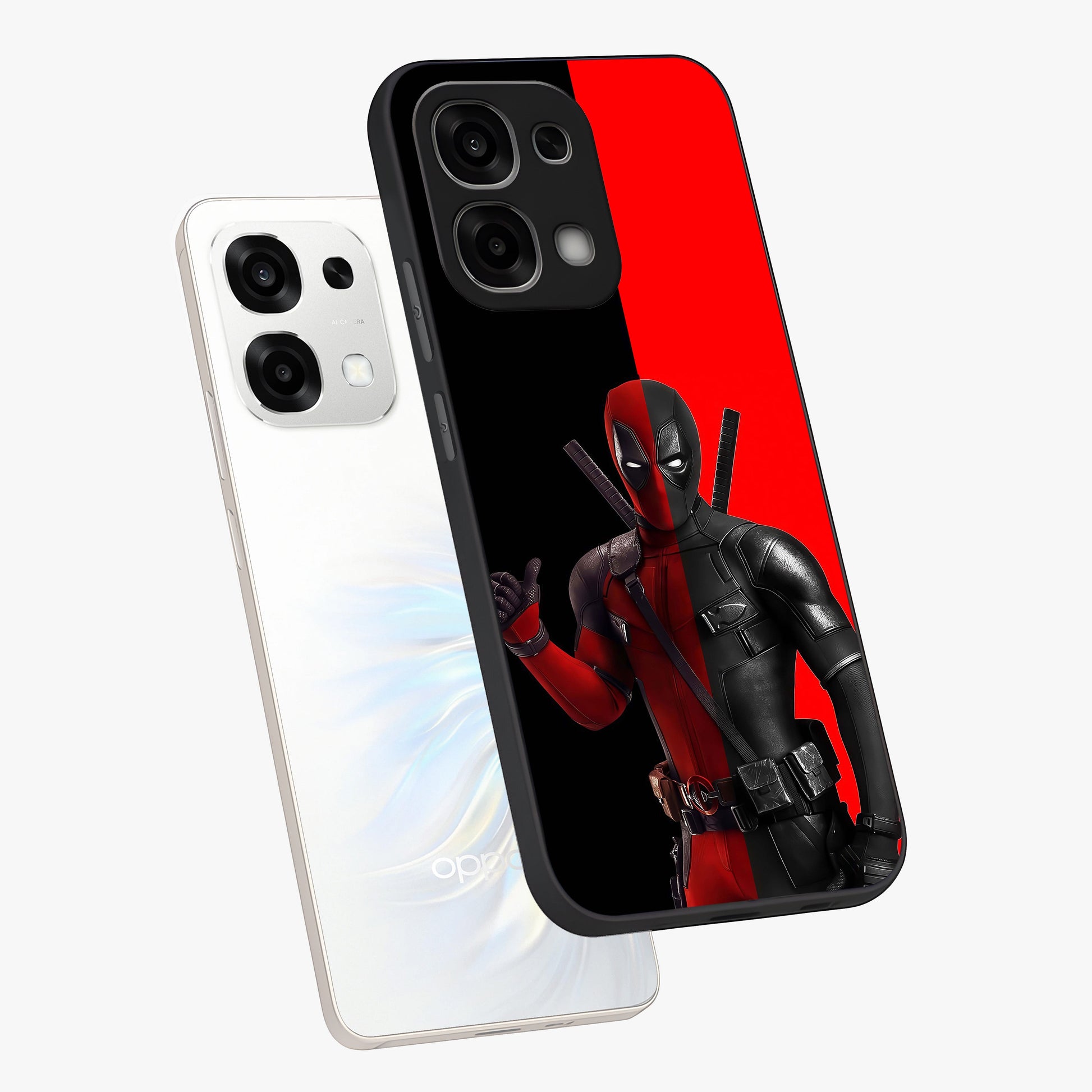 Red & Black Deadpool Theme Glass Case displayed in angled mockup highlighting vibrant superhero style illustration with action aesthetic.
