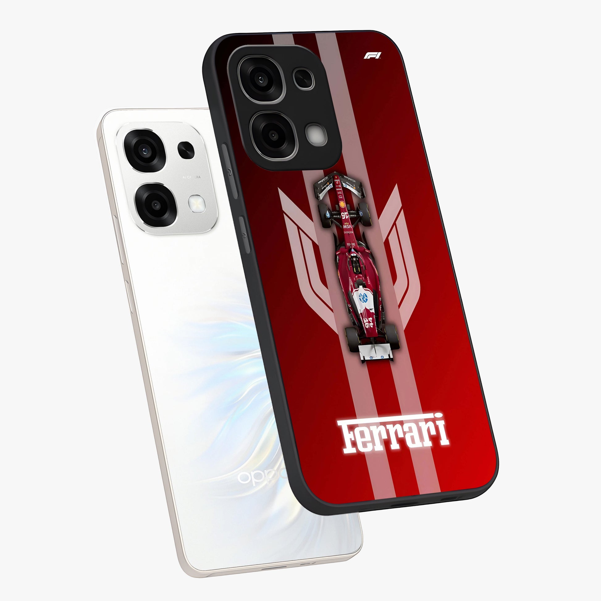 Red Ferrari F1 Vertical Glass Case displayed in angled mockup highlighting high speed racing design with bold automotive aesthetic.