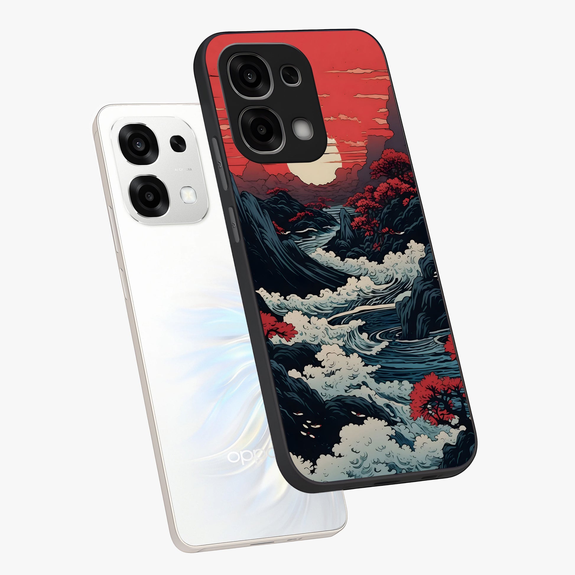 Red Sunset Scenery Glass Case displayed in angled mockup highlighting glowing sunset sky design with scenic aesthetic.