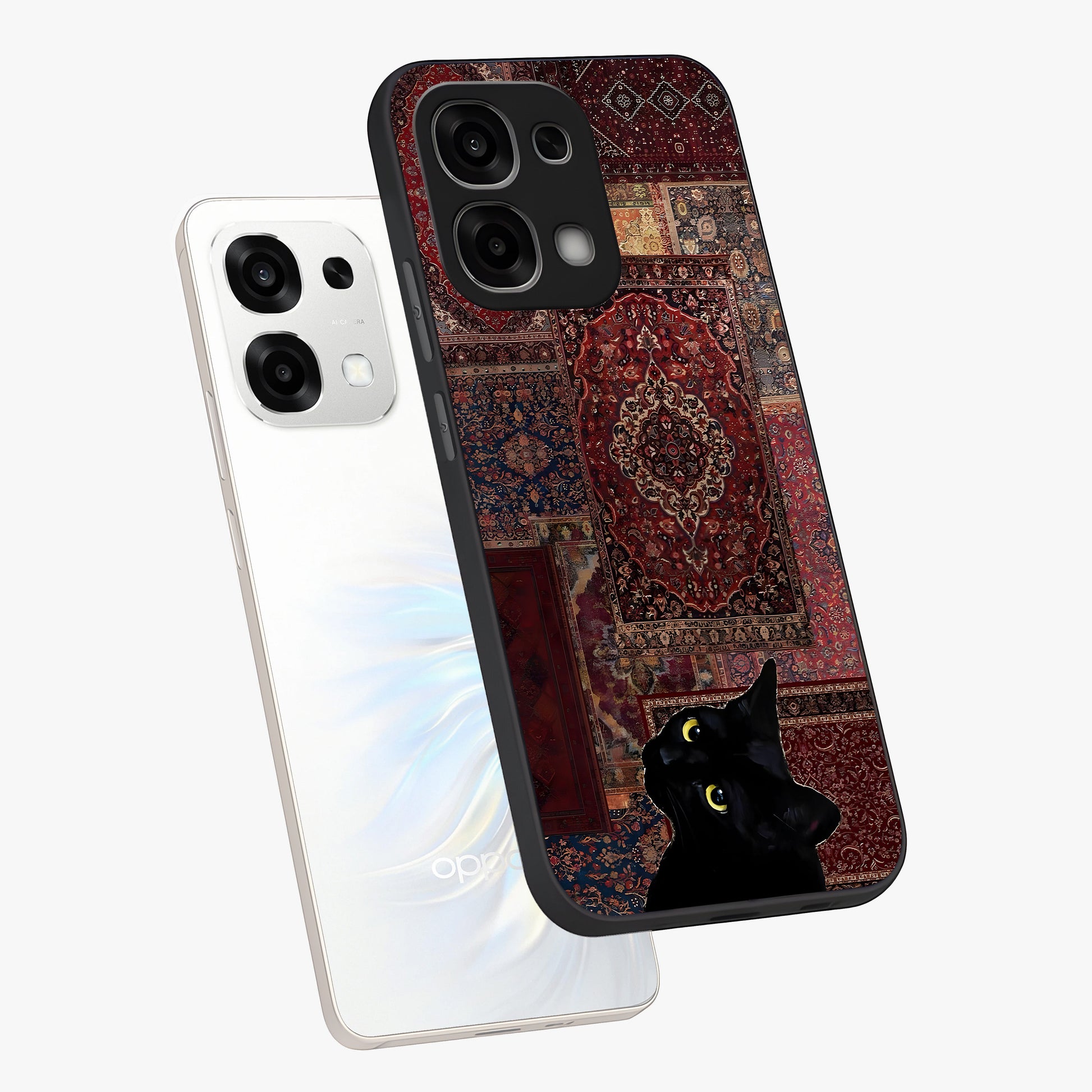 Regal Magic Cat Apple Glass Case displayed in angled mockup highlighting whimsical feline design with fantasy aesthetic.