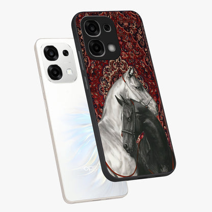 Regal Stallion Tapestry Glass Case displayed in angled mockup highlighting royal stallion design with decorative heritage aesthetic.