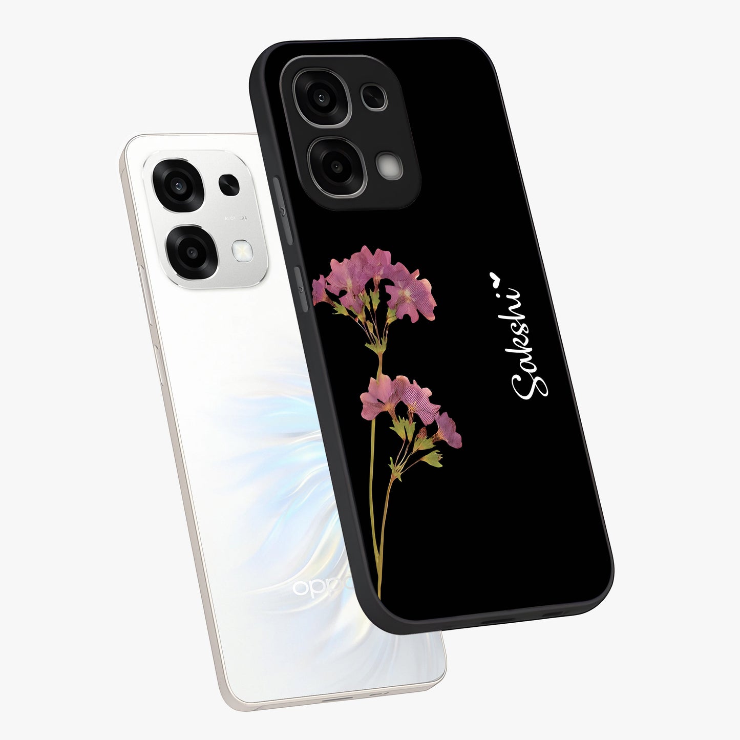 Riching Lavender Flower Custom Name Glass Case displayed in angled mockup highlighting delicate lavender flower design with custom name feature.