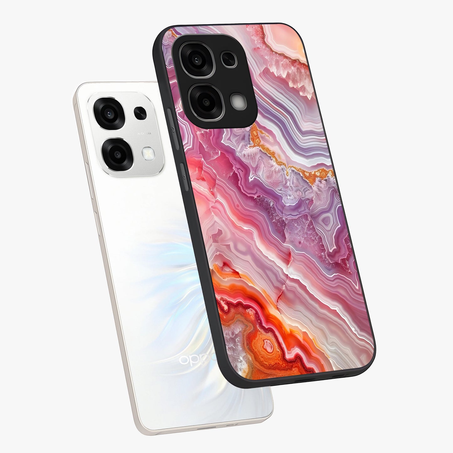 Rose Quartz Marble Glass Case displayed in angled mockup highlighting elegant marble pattern with soft aesthetic style.